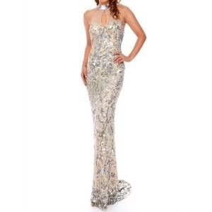 NEW PRECIOUS FORMALS halter neck illusion sequin evening gown in crystal nude